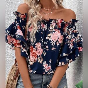 Navy Floral Off Shoulder Ruffle Blouse – Boutique NWT – LAST ONE (L)
